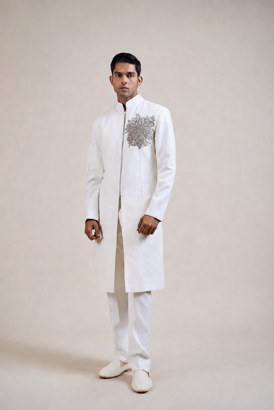 Cult ivory floral crest sherwani