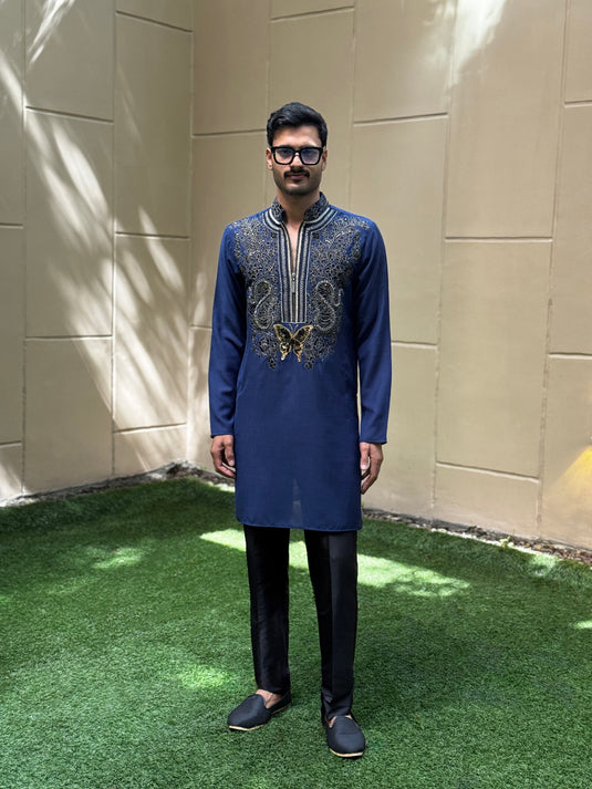 MIXED YOKE KURTA NAVY