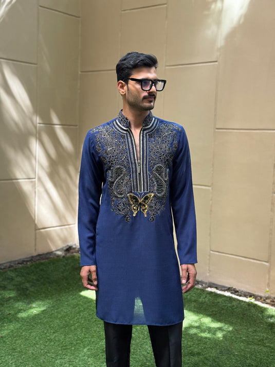 MIXED YOKE KURTA NAVY