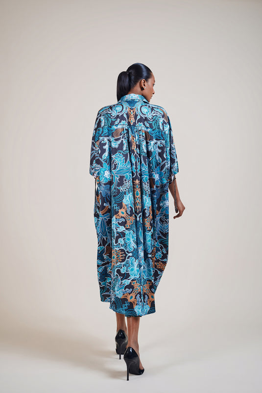 Sometsuke black-turquoise jewel kaftan  shirt dress