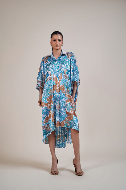 Sometsuke white-emerald bird kaftan  shirt dress