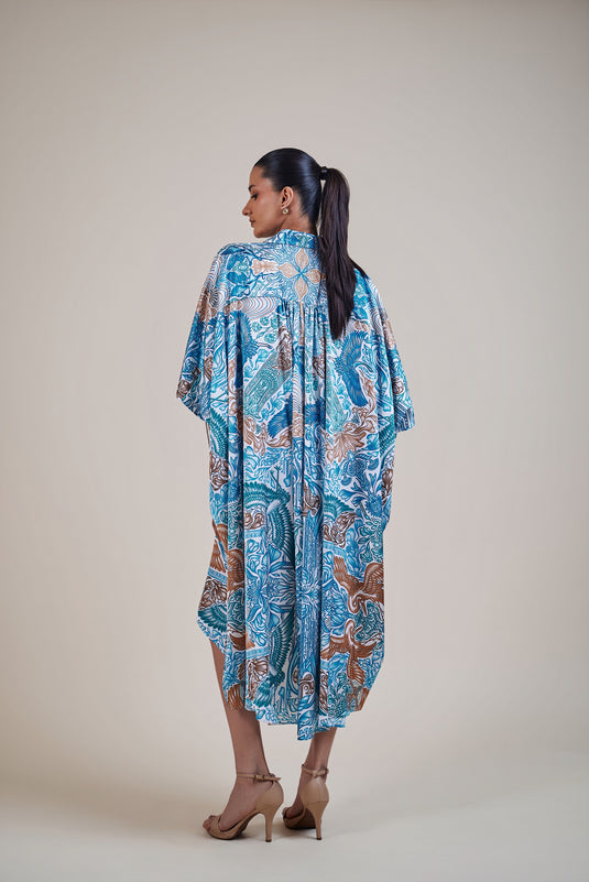 Sometsuke white-emerald bird kaftan  shirt dress