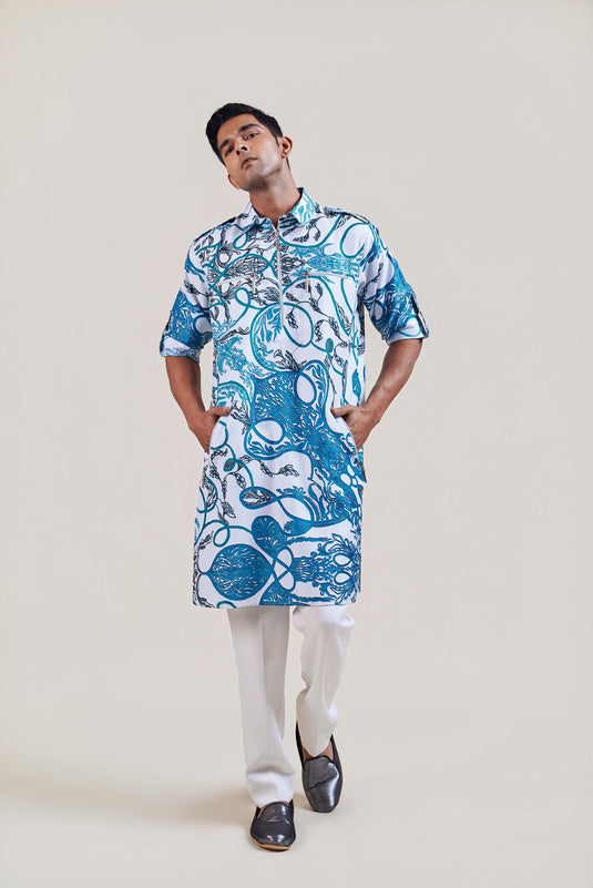 Sometsuke white-turquoise jewel  pathani kurta