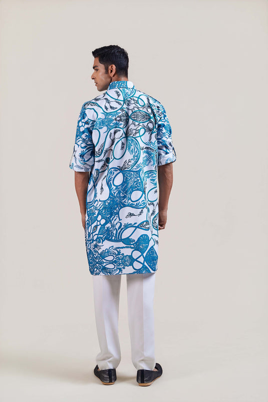 Sometsuke white-turquoise jewel  pathani kurta