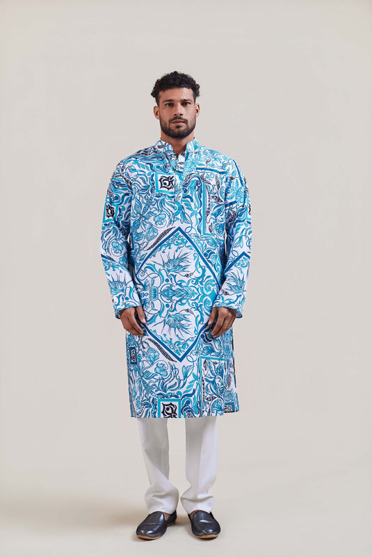 Sometsuke white-turquoise plant kurta