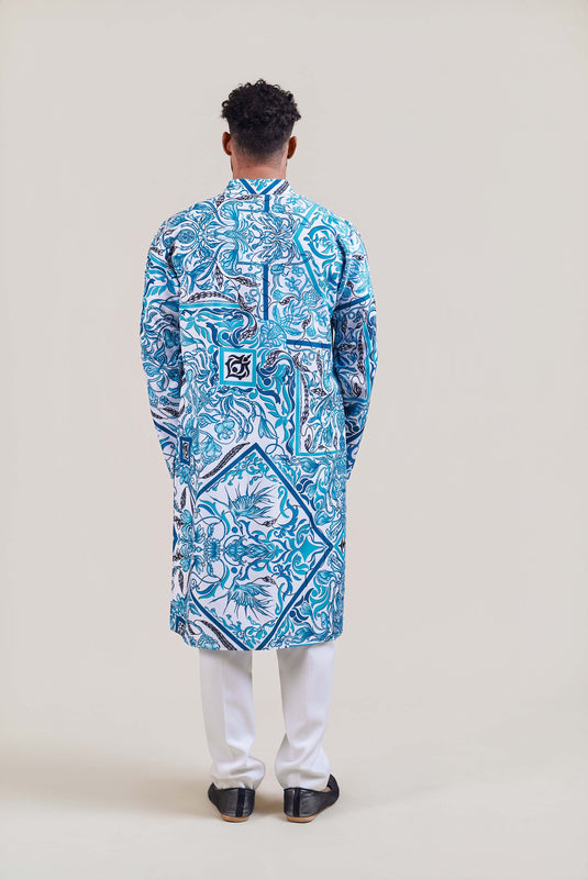 Sometsuke white-turquoise plant kurta
