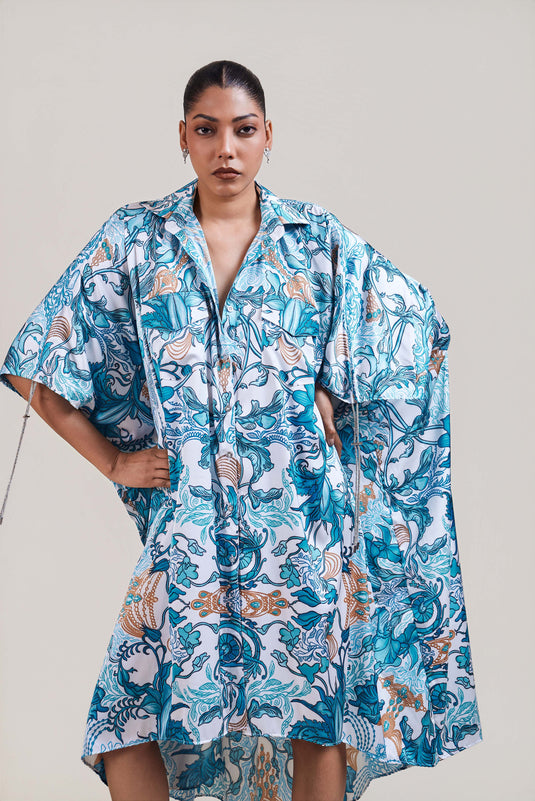 Sometsuke white-turquoise jewel  kaftan shirt dress