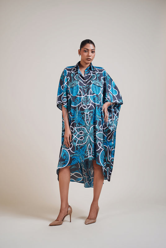 Sometsuke black-emerald vase kaftan  shirt dress