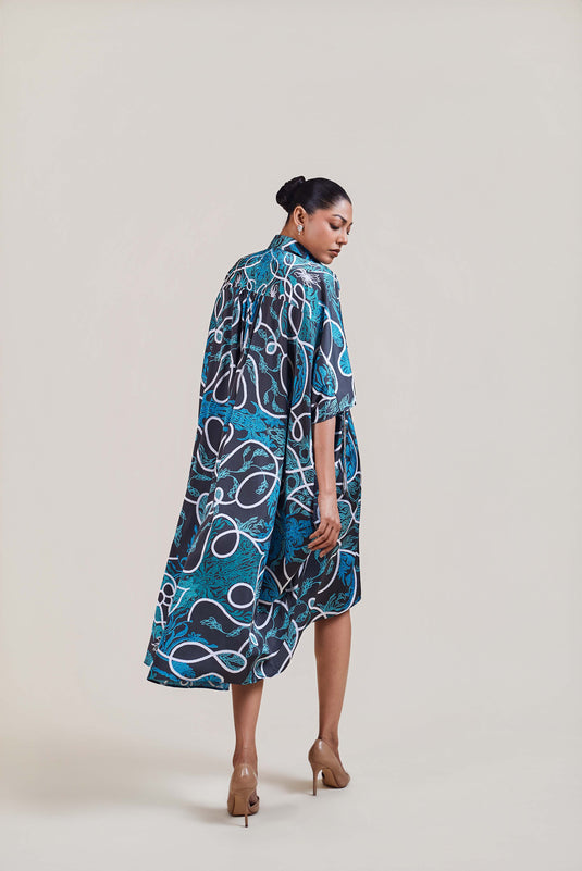 Sometsuke black-emerald vase kaftan  shirt dress