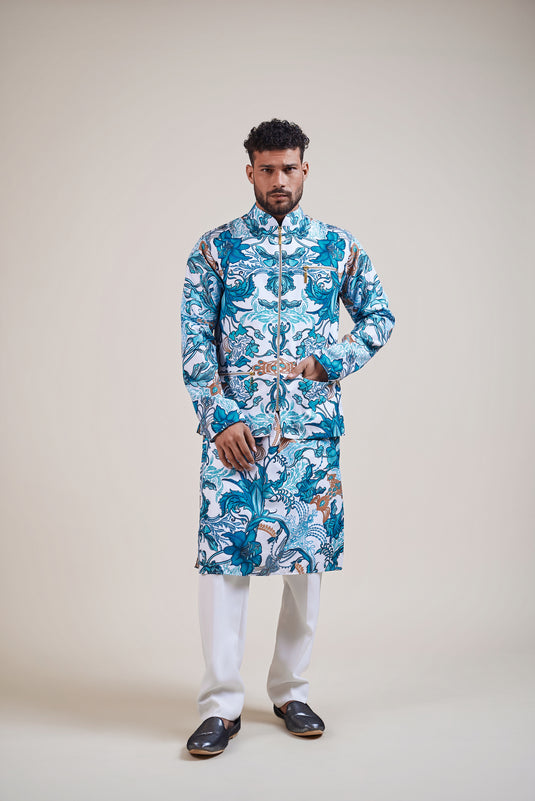 Sometsuke white-turquoise jewel bandi kurta