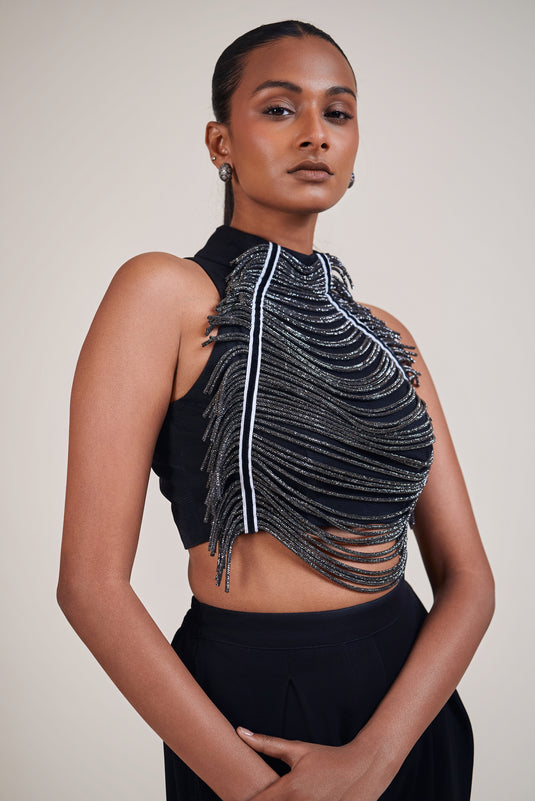 Checkmate black-gunmetal crystal rope halter top