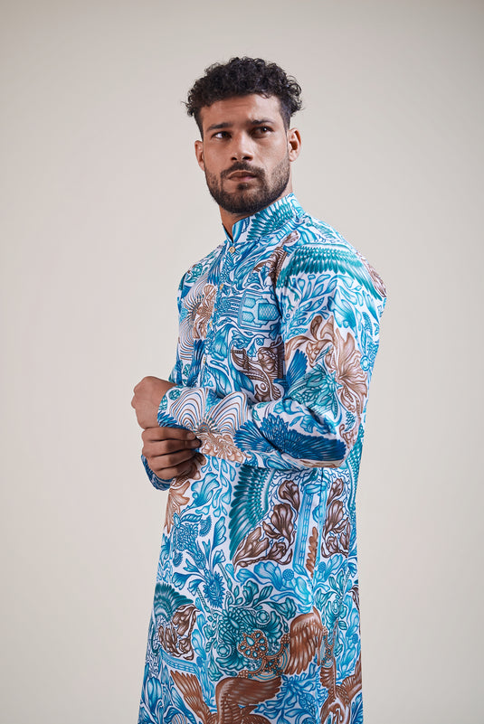 Sometsuke white-emerald bird kurta