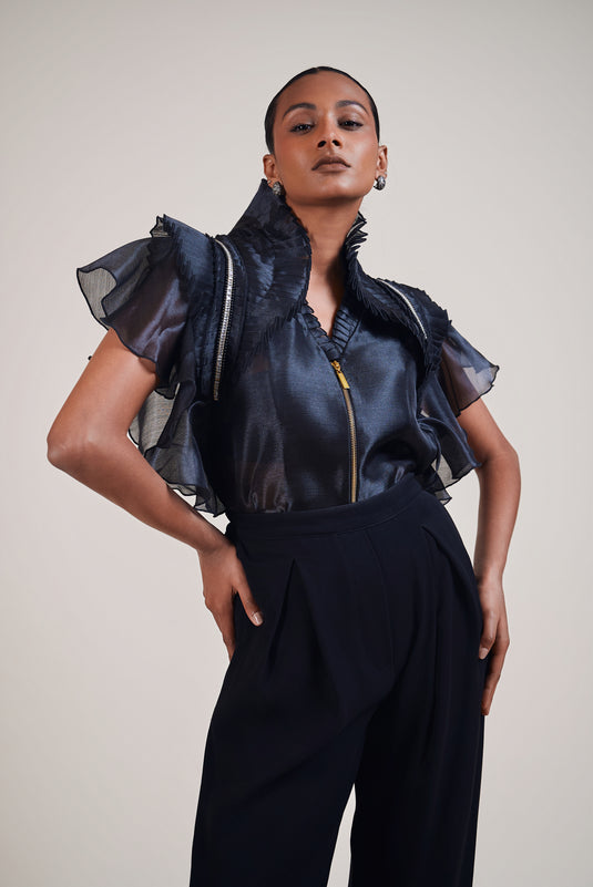 Night black organza frill shirt