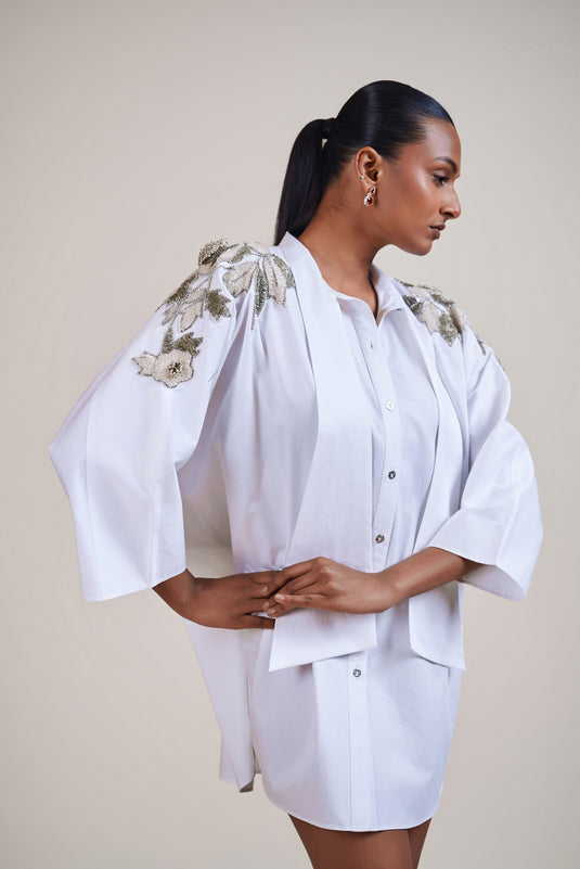 Night white 3D floral shirt dress