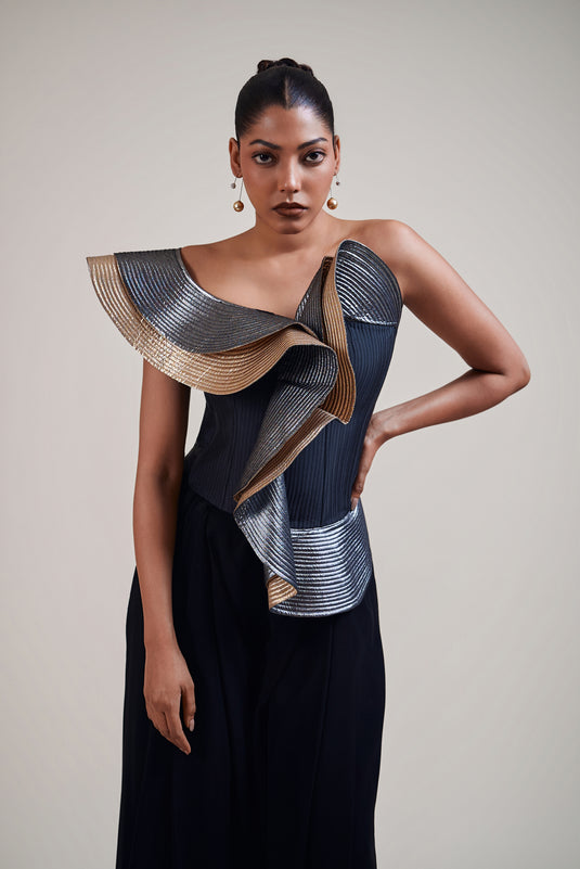 Checkmate black-gold-gunmetal structural corset
