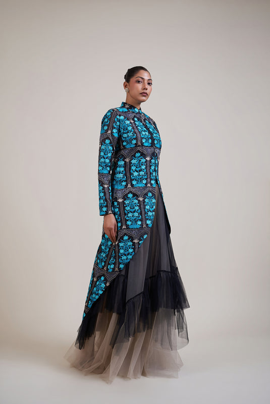 Husn black blue high low jacket