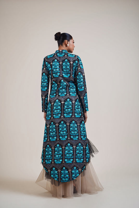 Husn black blue high low jacket