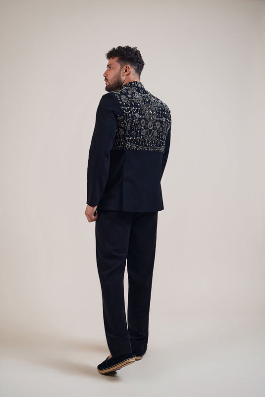 Night black-gunmetal rhinestone bandhgala