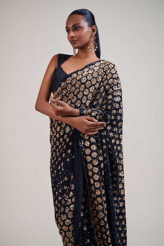 Husn black-gold honeycomb saree