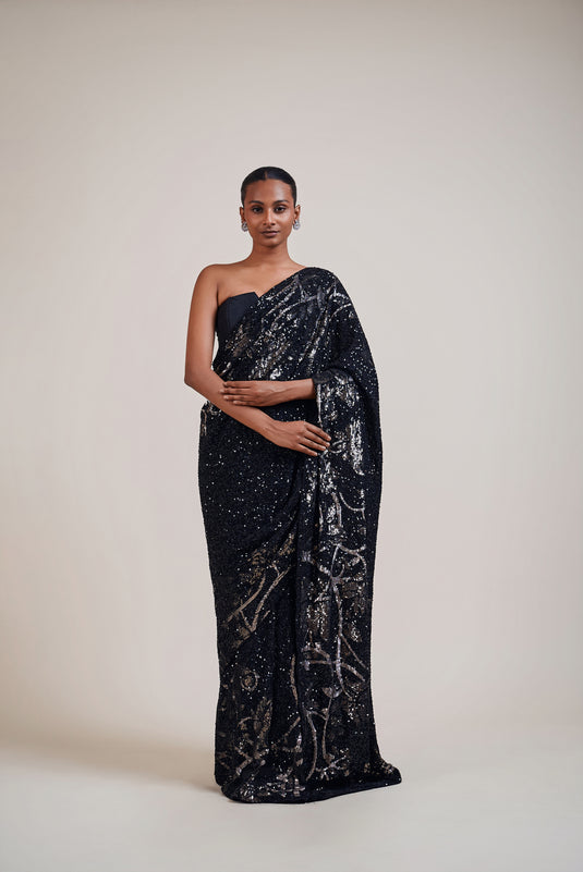 Trifecta black-gunmetal floral saree