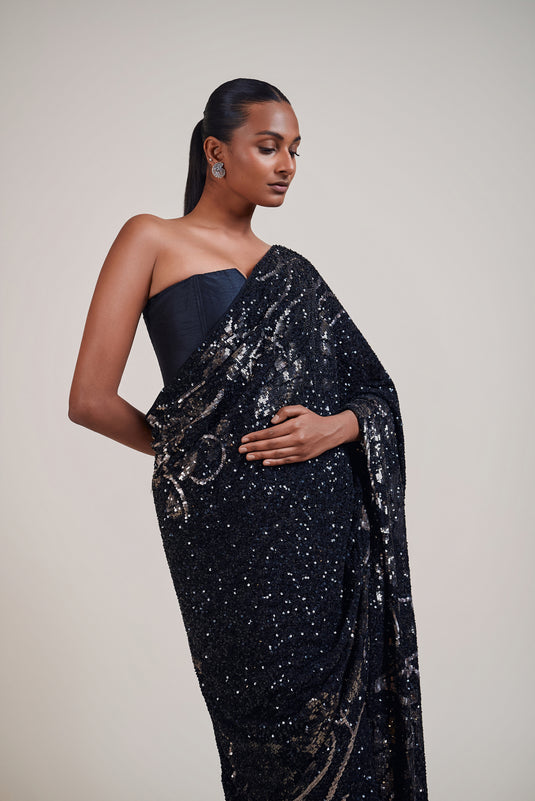 Trifecta black-gunmetal floral saree