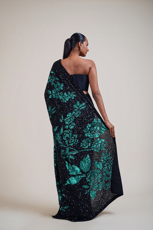 Checkmate black-teal floral saree