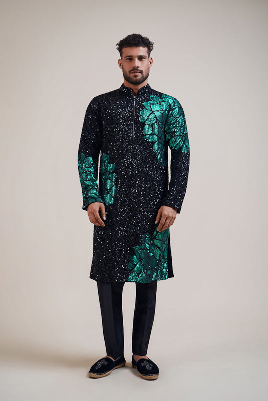 Checkmate black-teal floral kurta