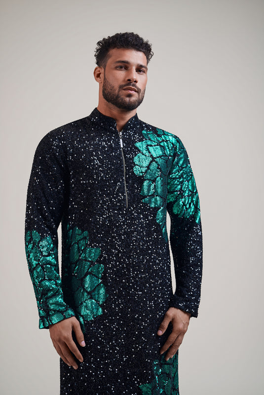 Checkmate black-teal floral kurta