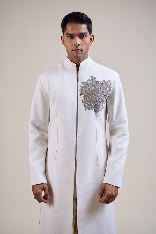 Cult ivory floral crest sherwani