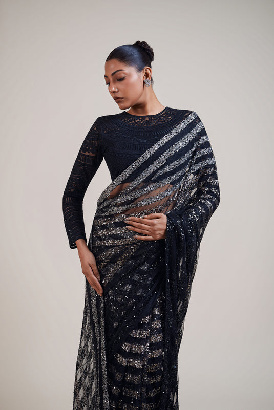 Sometsuke black-gunmetal striped ombre saree