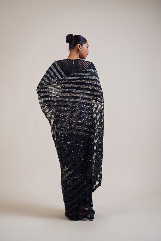 Sometsuke black-gunmetal striped ombre saree