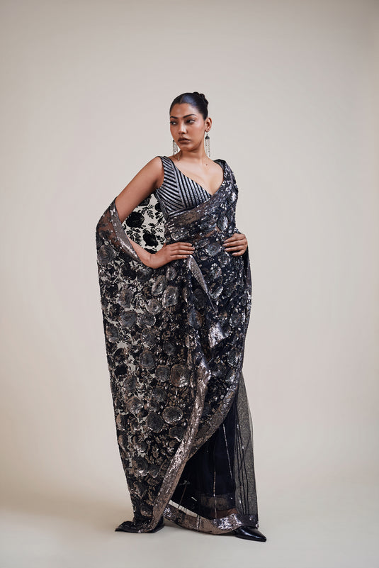 Trifecta black-gunmetal 3D floral saree