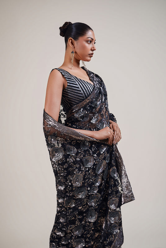 Trifecta black-gunmetal 3D floral saree