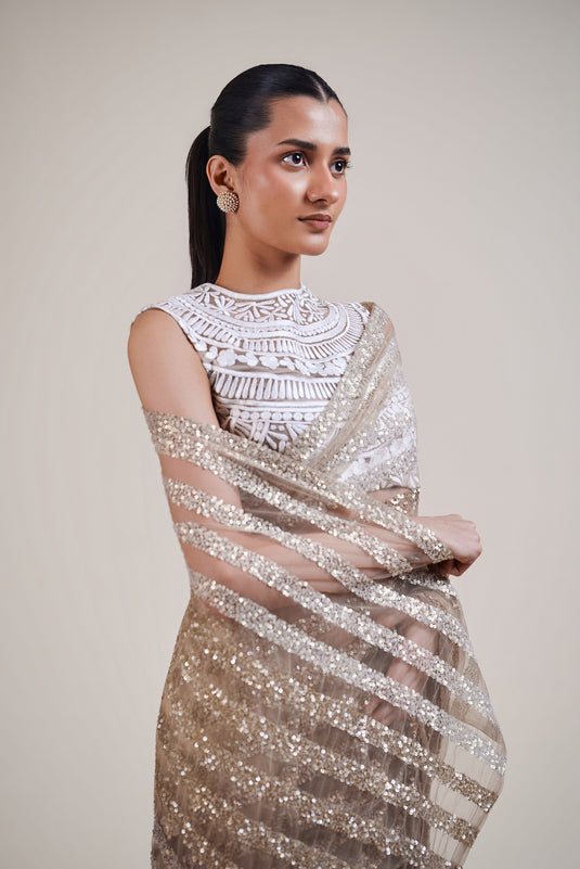 Ambrosia ivory-gold striped ombre saree