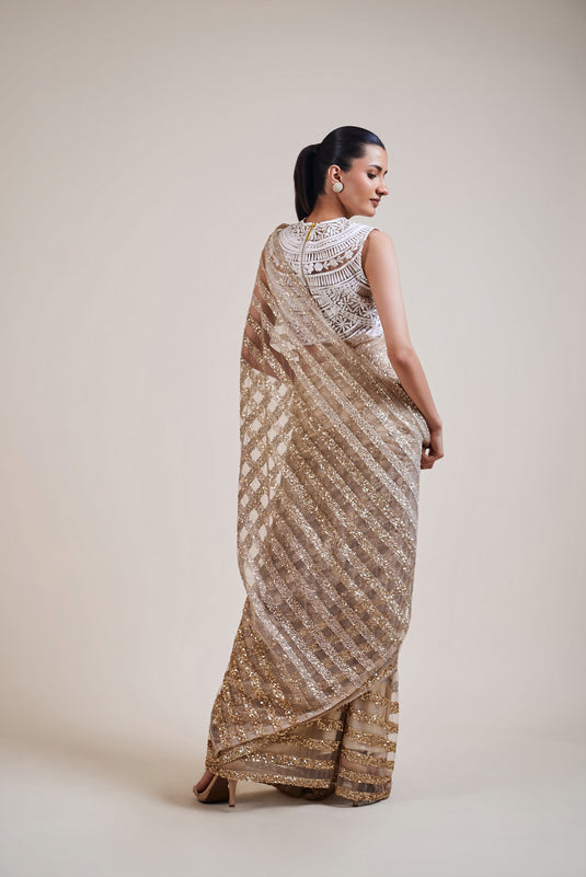 Ambrosia ivory-gold striped ombre saree