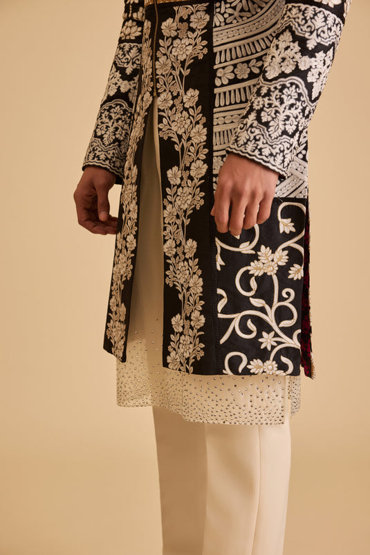 Miraas thread work paneled sherwani