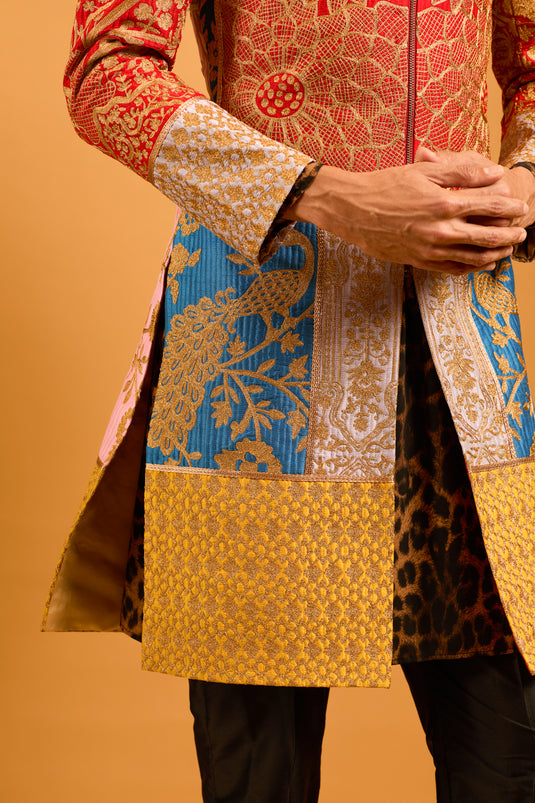 Trifecta multicolor paneled zari sherwani