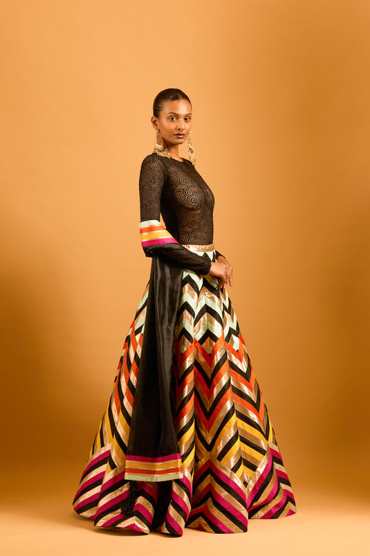 Trifecta black multicolor chevron lehenga