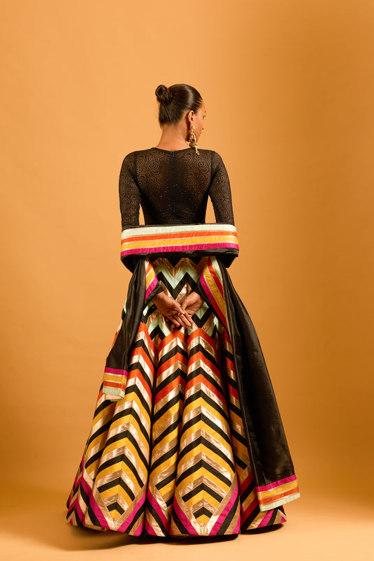 Trifecta black multicolor chevron lehenga