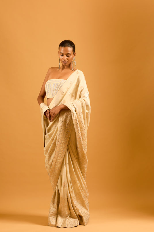 Trifecta cream-gold chanderi crystallized saree