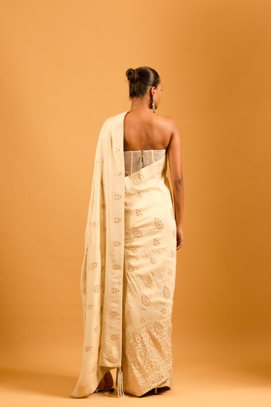 Trifecta cream-gold chanderi crystallized saree