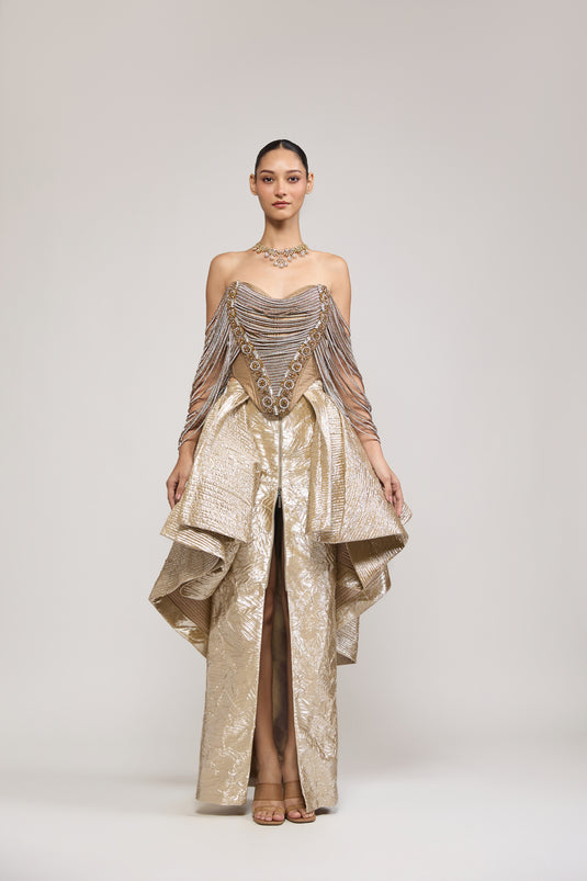 Unapologetic gold bustle skirt