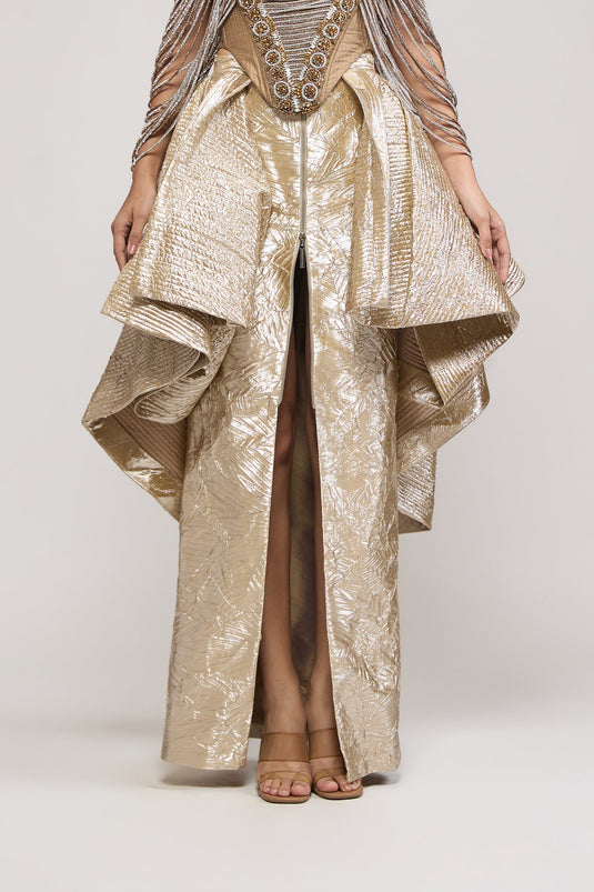 Unapologetic gold bustle skirt