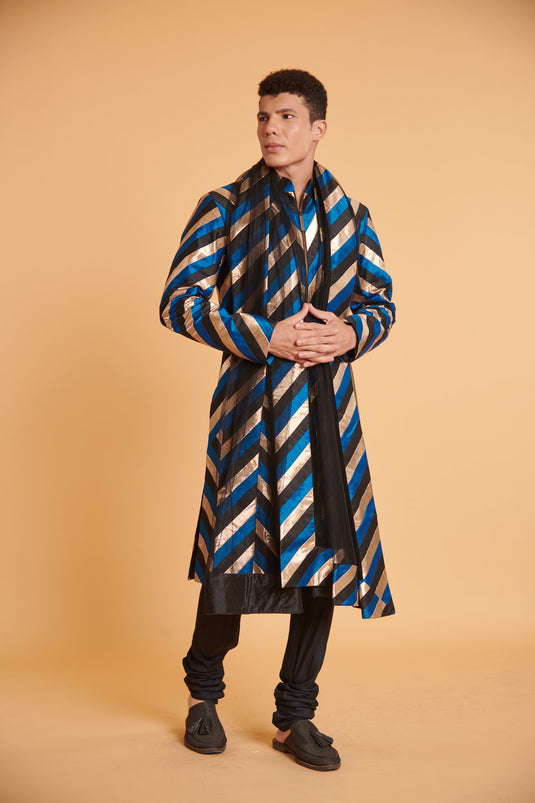 husn Cerulean striped metallica traditional formal drape