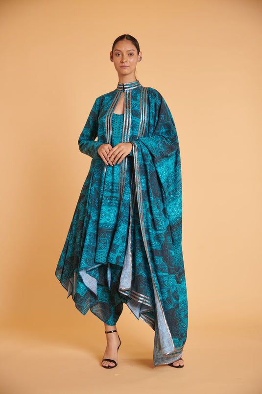 Mughal cerulean gunmetal drape traditional jacket
