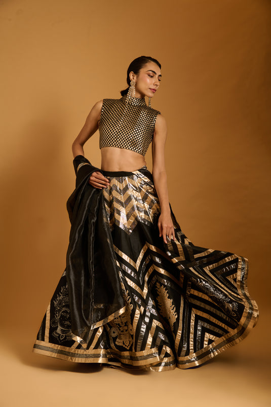Trifecta black chevron idol applique lehenga
