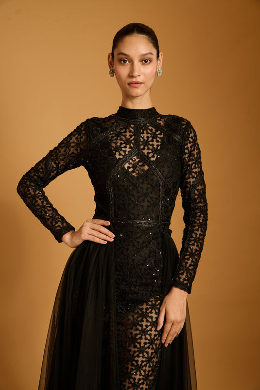 Trifecta black lattice sheer dress