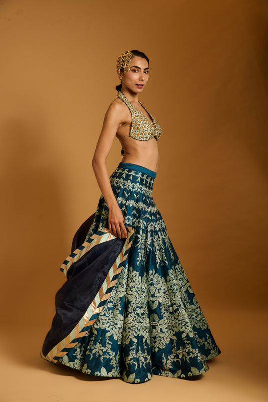 Trifecta teal-aqua threadwork crystal lehenga