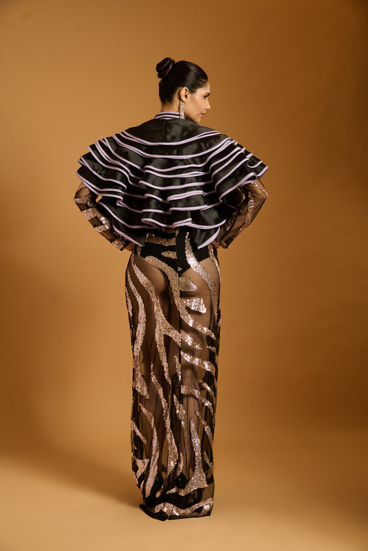 Trifecta black-lavender zebra sheer gown