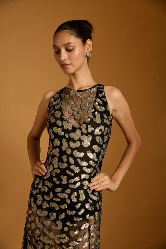 Trifecta black cheetah sheer gown